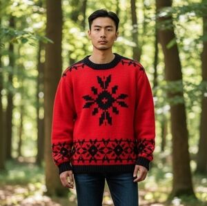 Hand Knit Red and Black Crewneck Sweater XXL 6619